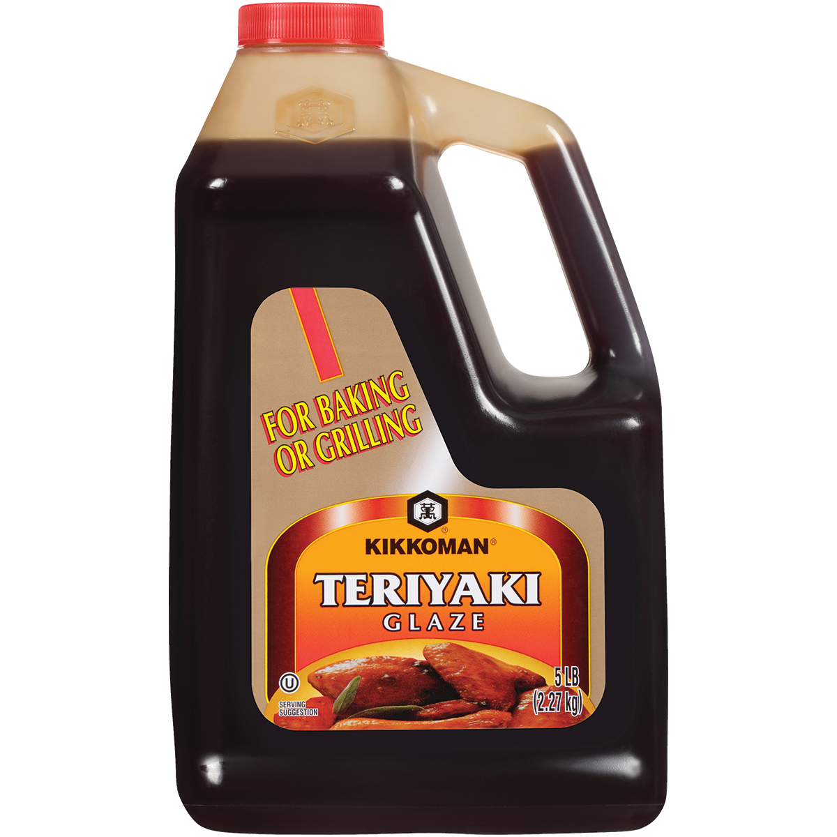 A 5 lb jug of Kikkoman Teriyaki Glaze with a handle, labeled "For Baking or Grilling" and featuring an image of glazed meat on the front.