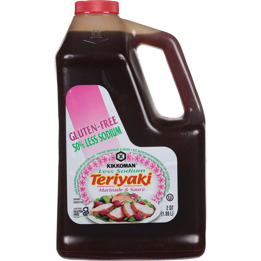 A 2-quart jug of Kikkoman Less Sodium Teriyaki Marinade & Sauce labeled gluten-free and 50% less sodium, with an image of food on the front.