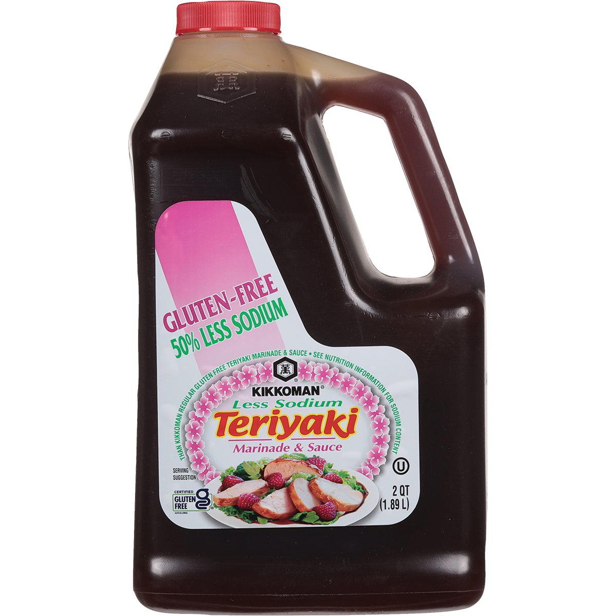 A 2-quart jug of Kikkoman Less Sodium Teriyaki Marinade & Sauce labeled gluten-free and 50% less sodium, with an image of food on the front.