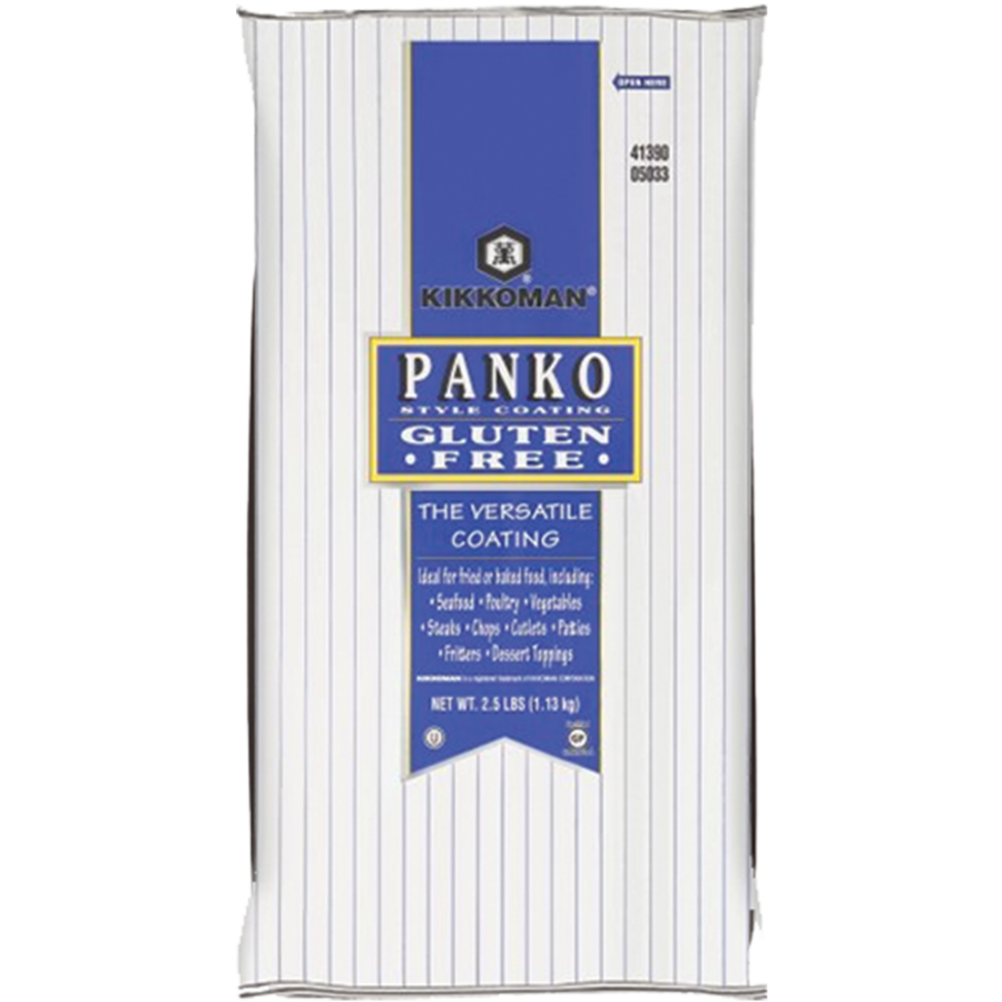 A bag of Kikkoman gluten-free panko style coating for frying and baking, labeled as versatile and weighing 2.5 lbs (1.13 kg).