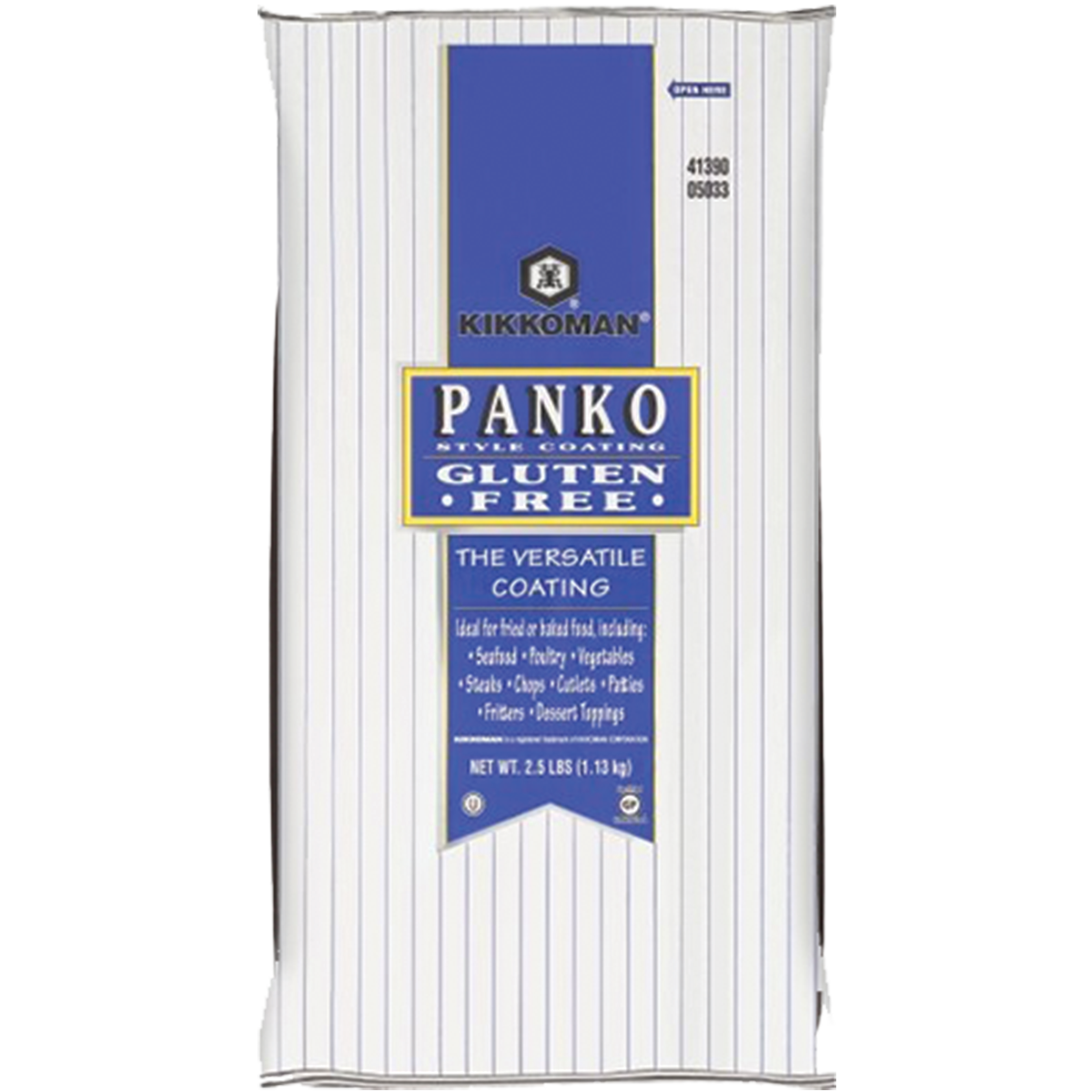 A bag of Kikkoman gluten-free panko style coating for frying and baking, labeled as versatile and weighing 2.5 lbs (1.13 kg).