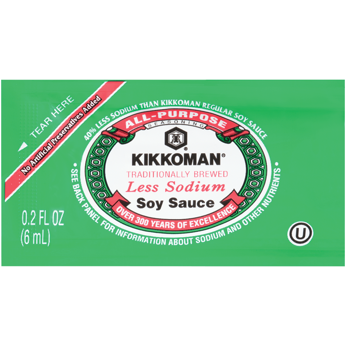 A green 0.2 fl oz packet of Kikkoman Traditionally Brewed Less Sodium Soy Sauce with product information and branding on the front.