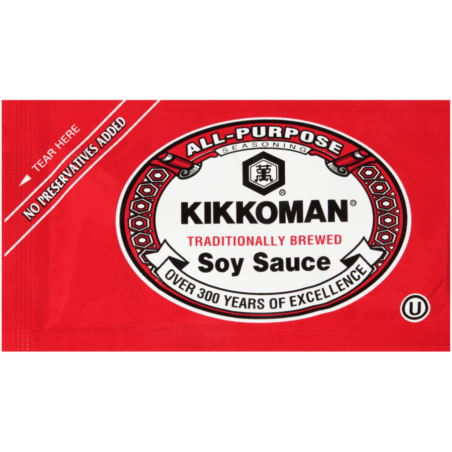 Red packet of Kikkoman all-purpose soy sauce with white oval label, black and red text, and “No Preservatives Added” on the side.