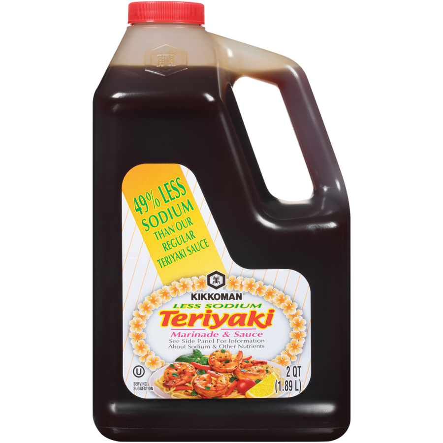 A 2-quart bottle of Kikkoman Less Sodium Teriyaki Marinade & Sauce, labeled as containing 49% less sodium than regular teriyaki sauce.