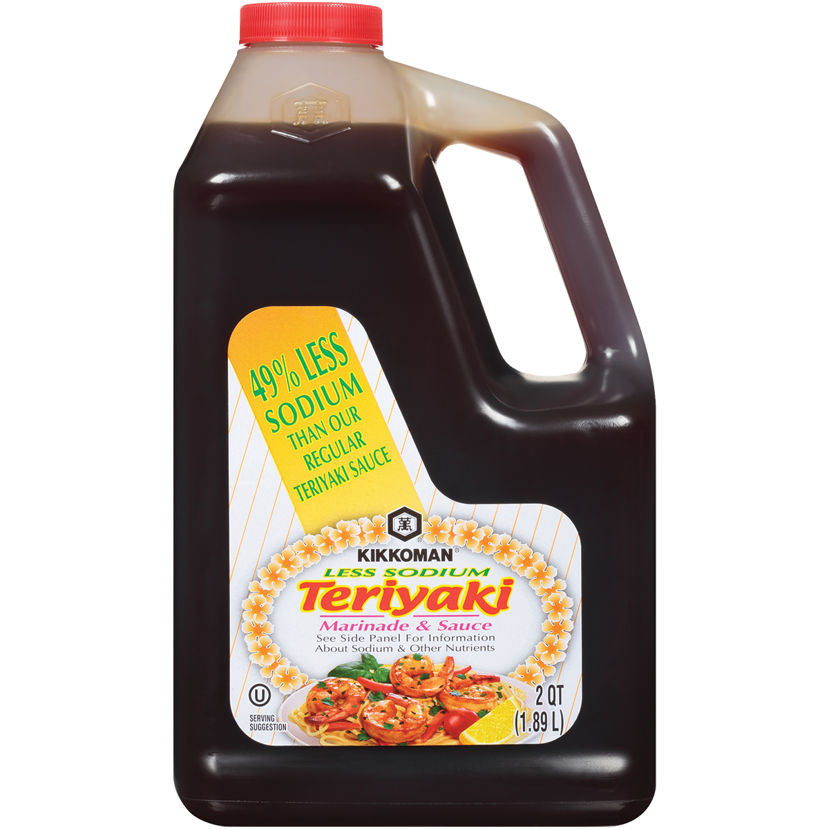 A 2-quart bottle of Kikkoman Less Sodium Teriyaki Marinade & Sauce, labeled as containing 49% less sodium than regular teriyaki sauce.