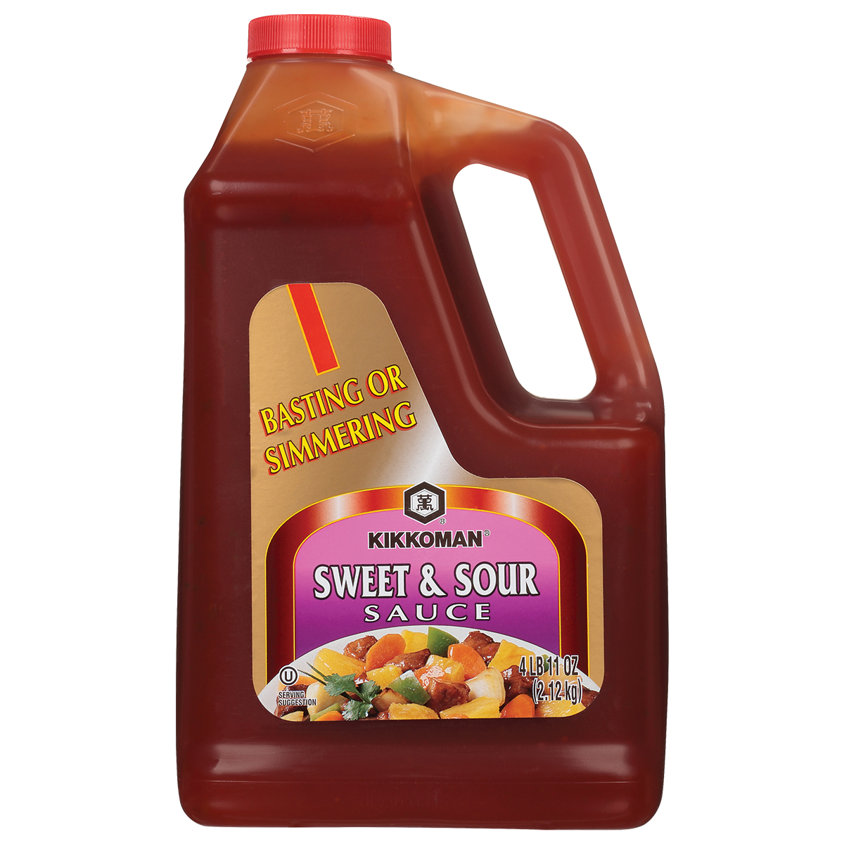 A large plastic jug of Kikkoman Sweet & Sour Sauce with a red cap, labeled for basting or simmering, and showing a serving suggestion of vegetables and meat.