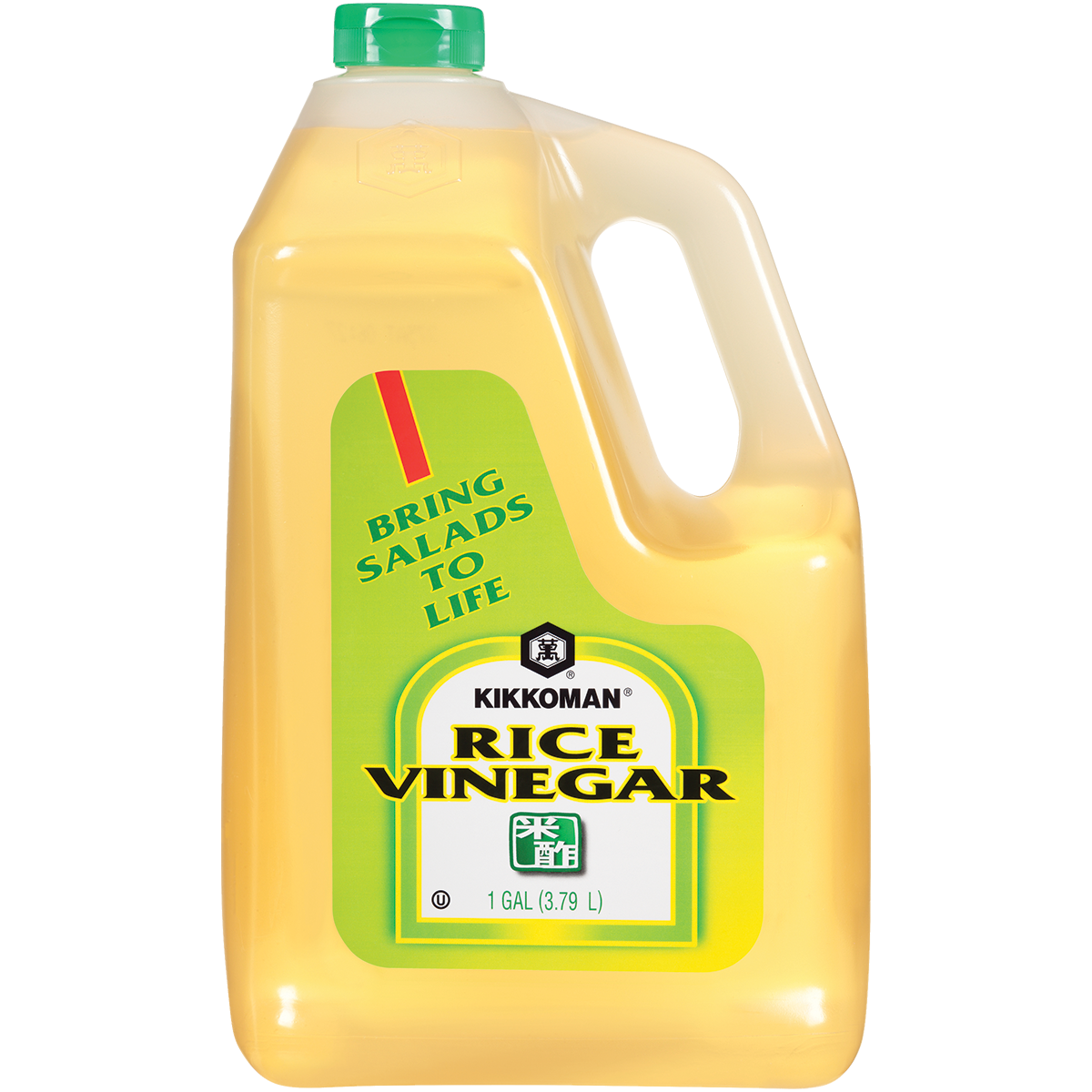 A 1-gallon plastic jug of Kikkoman Rice Vinegar with a green cap and label stating "Bring Salads to Life.