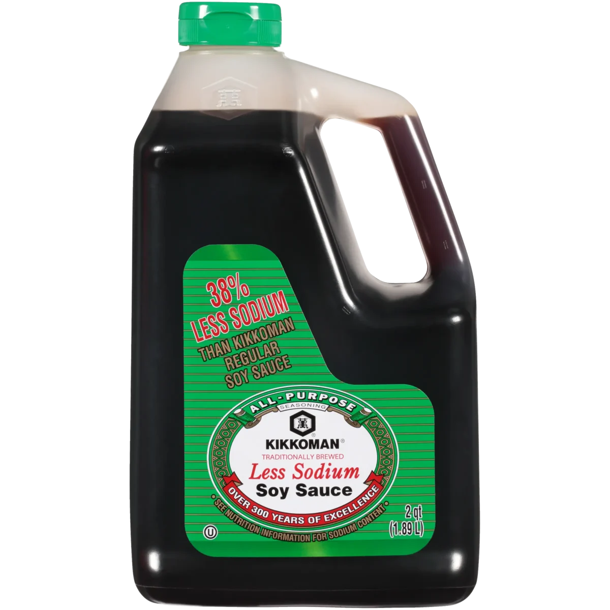 Large plastic jug of Kikkoman Less Sodium Soy Sauce, 2 quarts.