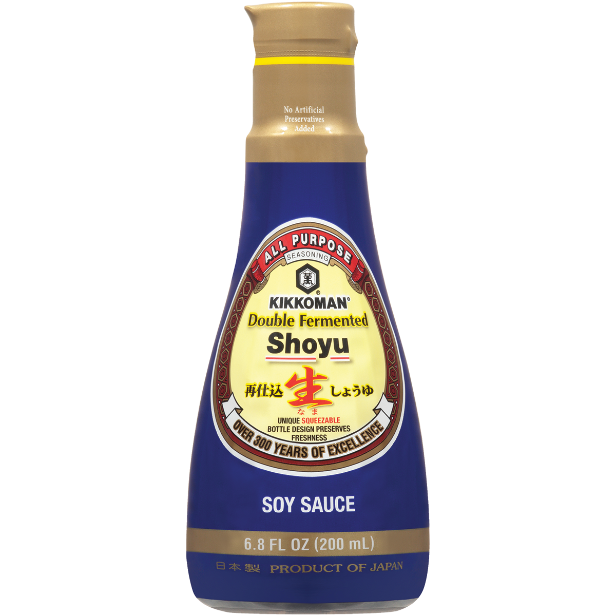 A 200 mL bottle of Kikkoman Double Fermented Shoyu soy sauce with a blue and gold label, featuring product details and claims of over 300 years of excellence.