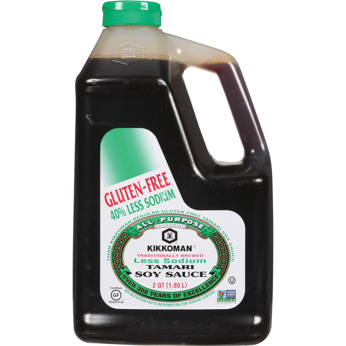 A 64 fl oz plastic jug of Kikkoman Less Sodium Tamari Soy Sauce, labeled gluten-free and 40% less sodium, with a green cap and handle.