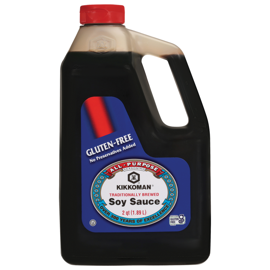 A 1.89-liter bottle of Kikkoman gluten-free traditionally brewed soy sauce with a red cap and handle.