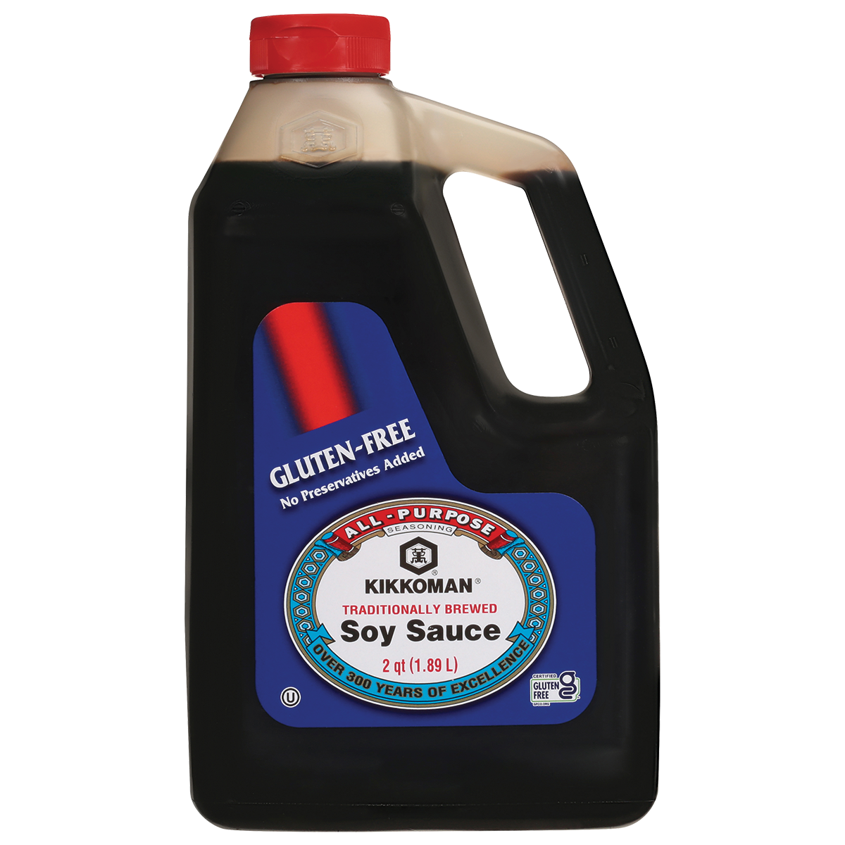 A 1.89-liter bottle of Kikkoman gluten-free traditionally brewed soy sauce with a red cap and handle.
