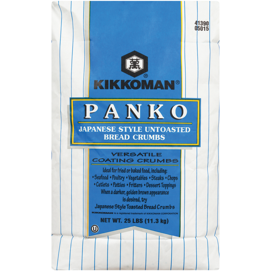 A 25 lb bag of Kikkoman Panko Japanese style untoasted bread crumbs in white packaging with blue and yellow labeling.