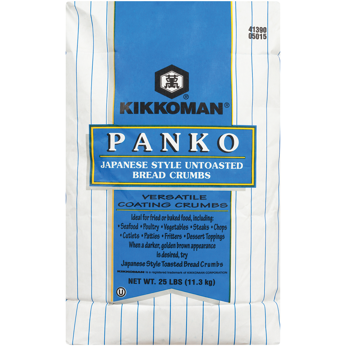 A 25 lb bag of Kikkoman Panko Japanese style untoasted bread crumbs in white packaging with blue and yellow labeling.