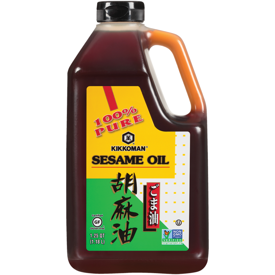 A 1.25-quart bottle of Kikkoman 100% Pure Sesame Oil with a black cap and yellow, red, and green label displaying product information and certifications.