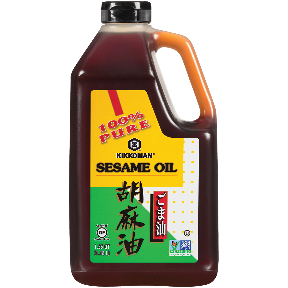 A 1.25-quart bottle of Kikkoman 100% Pure Sesame Oil with a black cap and yellow, red, and green label displaying product information and certifications.