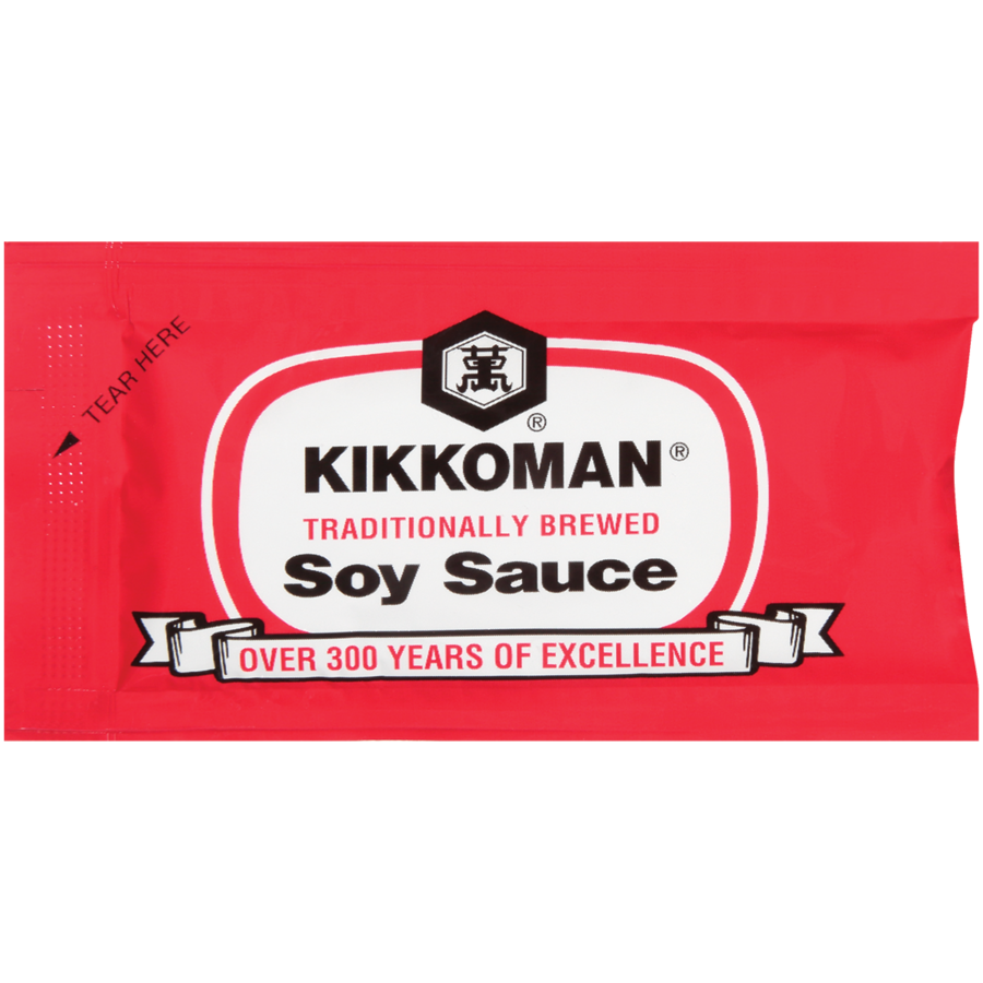 A red Kikkoman soy sauce packet with white and black text stating “Traditionally Brewed Soy Sauce” and “Over 300 Years of Excellence.”.