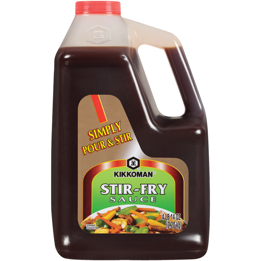 A 2.14-liter (2.29 kg) jug of Kikkoman Stir-Fry Sauce with a handle, labeled "Simply Pour & Stir." The label shows stir-fried vegetables.
