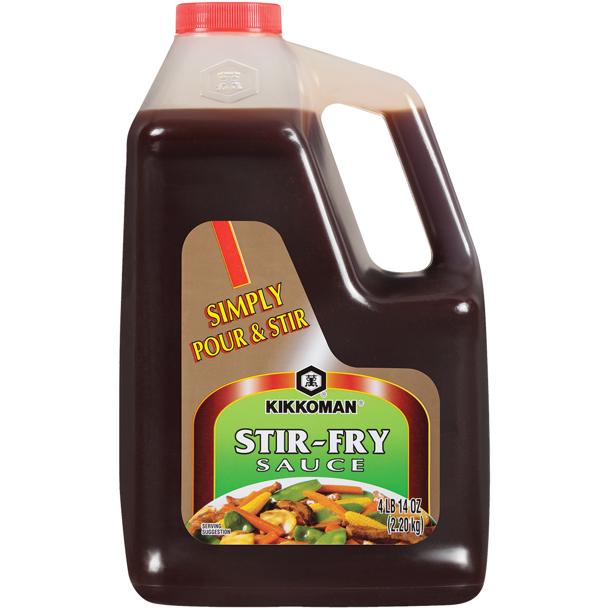 A 2.14-liter (2.29 kg) jug of Kikkoman Stir-Fry Sauce with a handle, labeled "Simply Pour & Stir." The label shows stir-fried vegetables.