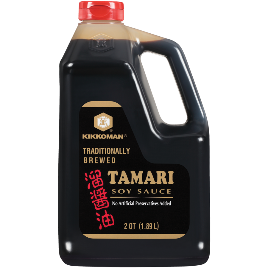 A 2-quart (1.89 L) plastic jug of Kikkoman Traditionally Brewed Tamari Soy Sauce with a red cap and black label.