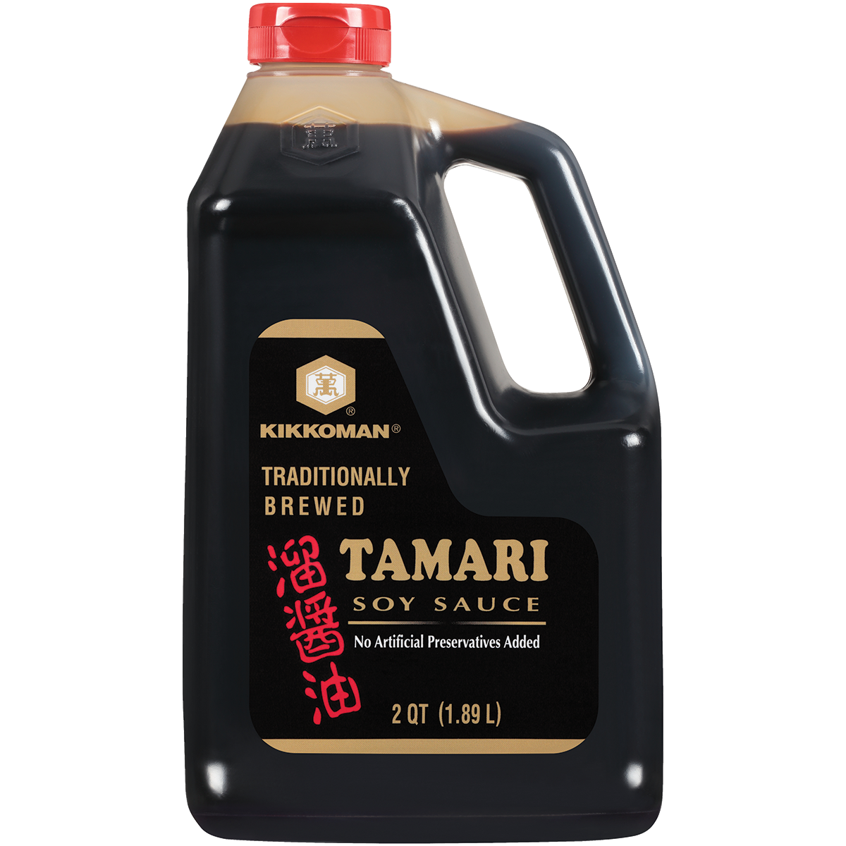 A 2-quart (1.89 L) plastic jug of Kikkoman Traditionally Brewed Tamari Soy Sauce with a red cap and black label.
