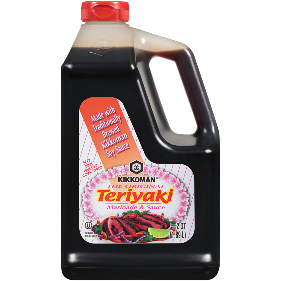 A 2-quart plastic bottle of Kikkoman Teriyaki Marinade & Sauce with a red cap and label featuring images of peppers and product details.