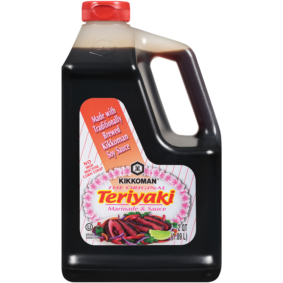 A 2-quart plastic bottle of Kikkoman Teriyaki Marinade & Sauce with a red cap and label featuring images of peppers and product details.