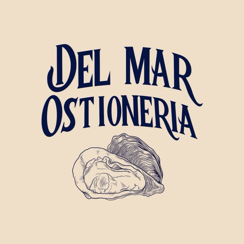 Text "Del Mar Ostioneria" in bold, stylized font above a hand-drawn oyster illustration on a beige background.