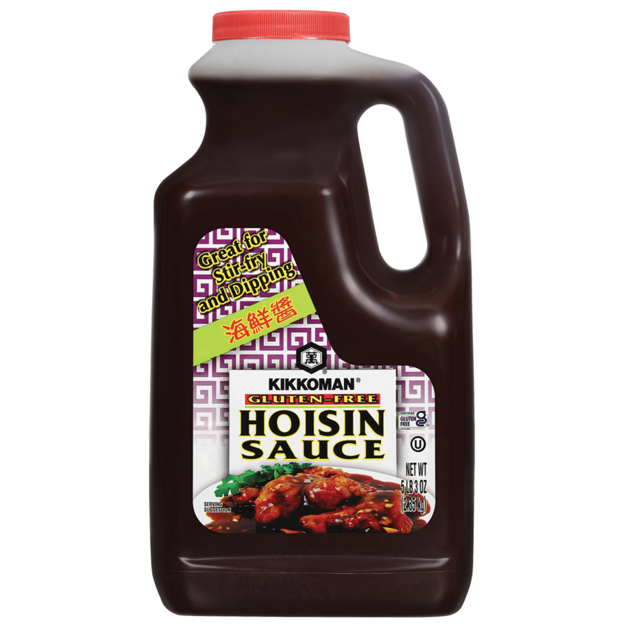A 5 lb 4 oz plastic jug of Kikkoman Gluten-Free Hoisin Sauce with a red cap, labeled for stir-fry and dipping.