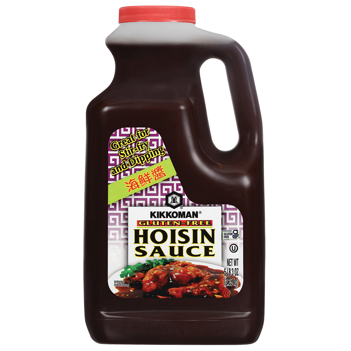 A 5 lb 4 oz plastic jug of Kikkoman Gluten-Free Hoisin Sauce with a red cap, labeled for stir-fry and dipping.