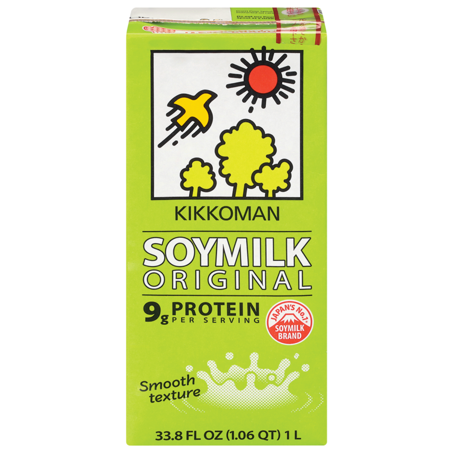 A 1-liter carton of Kikkoman Soymilk Original featuring a yellow-green design, nature illustration, and label highlighting 9g protein per serving and smooth texture.