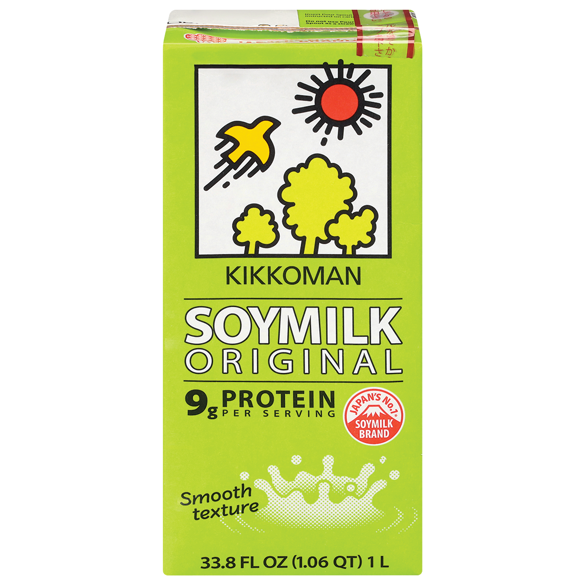 A 1-liter carton of Kikkoman Soymilk Original featuring a yellow-green design, nature illustration, and label highlighting 9g protein per serving and smooth texture.