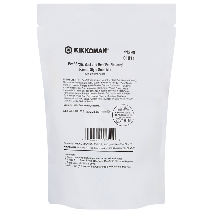 A white pouch labeled "Kikkoman Beef Broth, Beef and Beef Fat Flavored Ramen Style Soup Mix" with ingredient and nutrition information printed on the front.