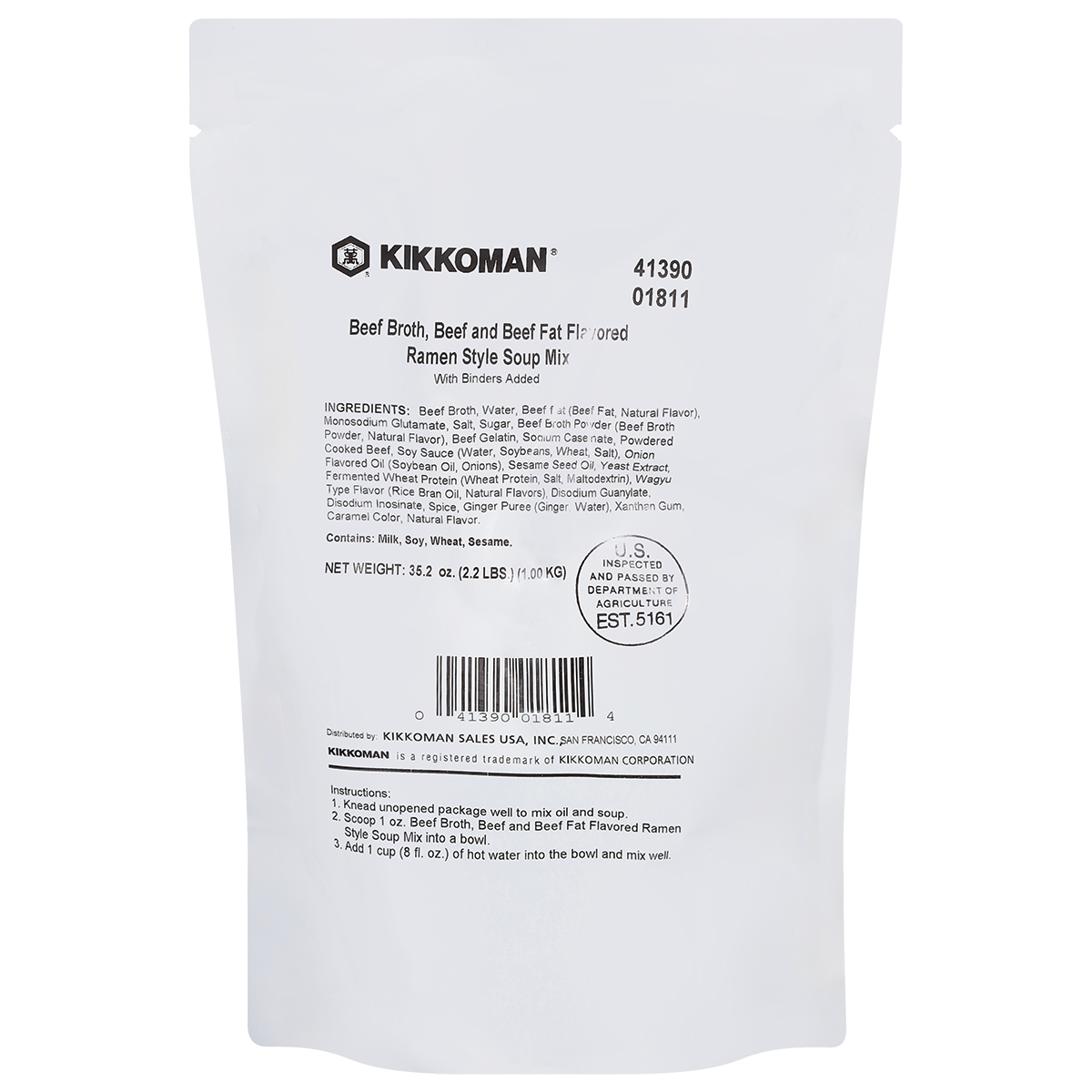 A white pouch labeled "Kikkoman Beef Broth, Beef and Beef Fat Flavored Ramen Style Soup Mix" with ingredient and nutrition information printed on the front.