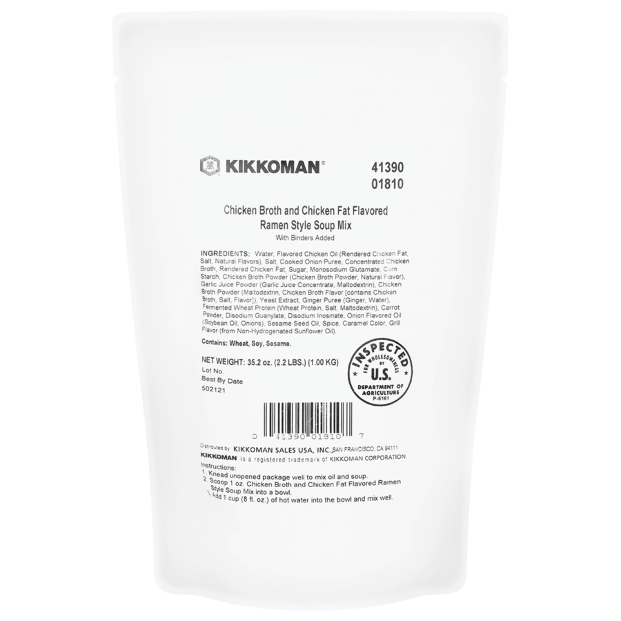 A white package of Kikkoman Chicken Broth and Chicken Fat Flavored Ramen Style Soup Mix with nutritional and ingredient information printed on the front.