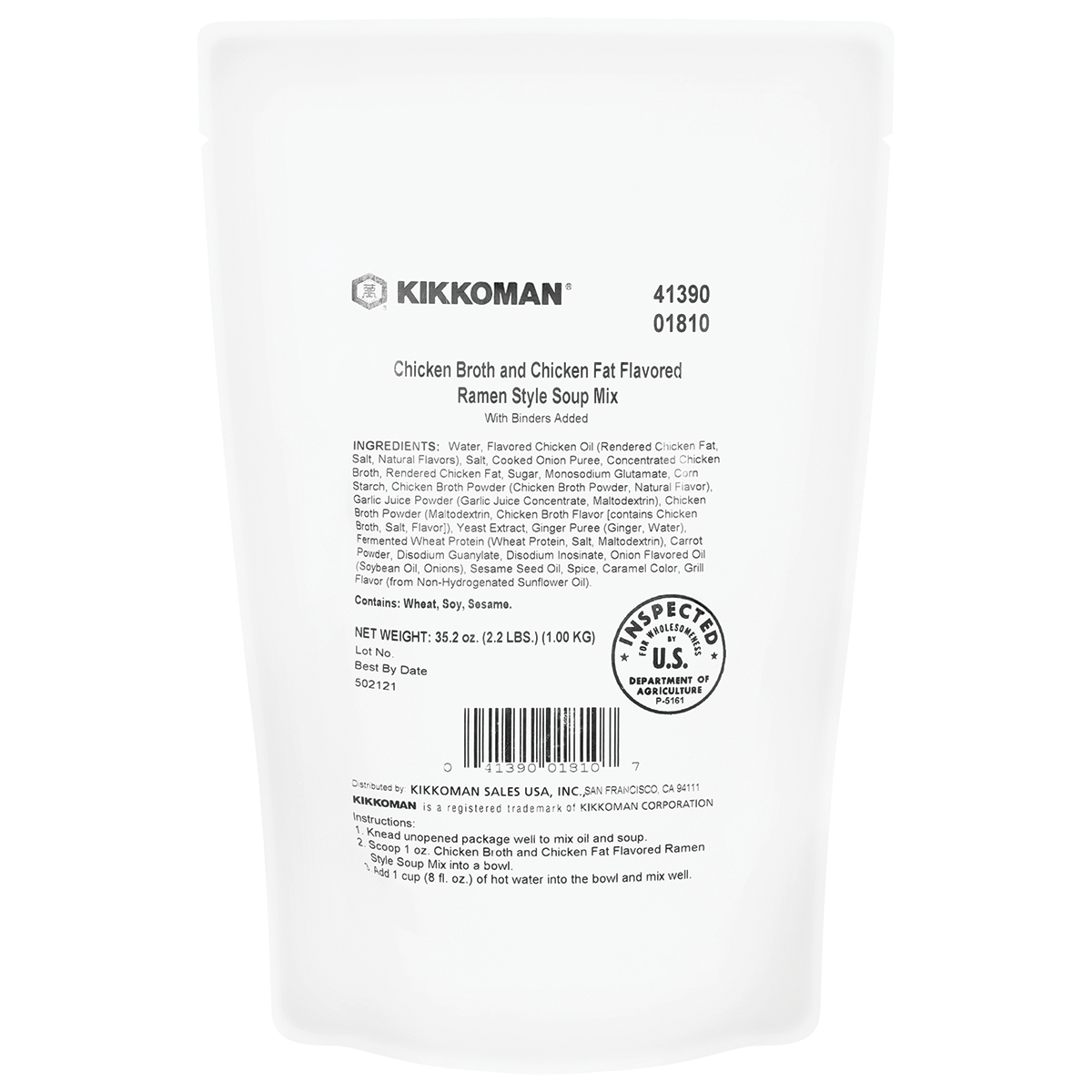 A white package of Kikkoman Chicken Broth and Chicken Fat Flavored Ramen Style Soup Mix with nutritional and ingredient information printed on the front.
