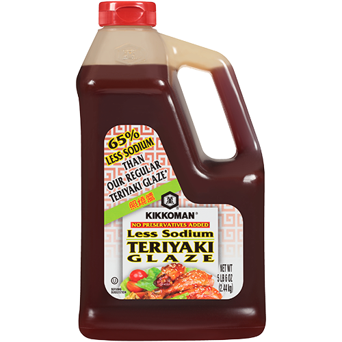 A 5.16 lb jug of Kikkoman Less Sodium Teriyaki Glaze with a red cap and label stating 65% less sodium and no preservatives added.