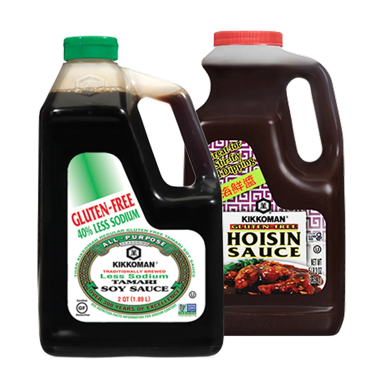 Two large plastic bottles: one of Kikkoman gluten-free tamari soy sauce and one of Kikkoman hoisin sauce, both with handles and labels facing forward.