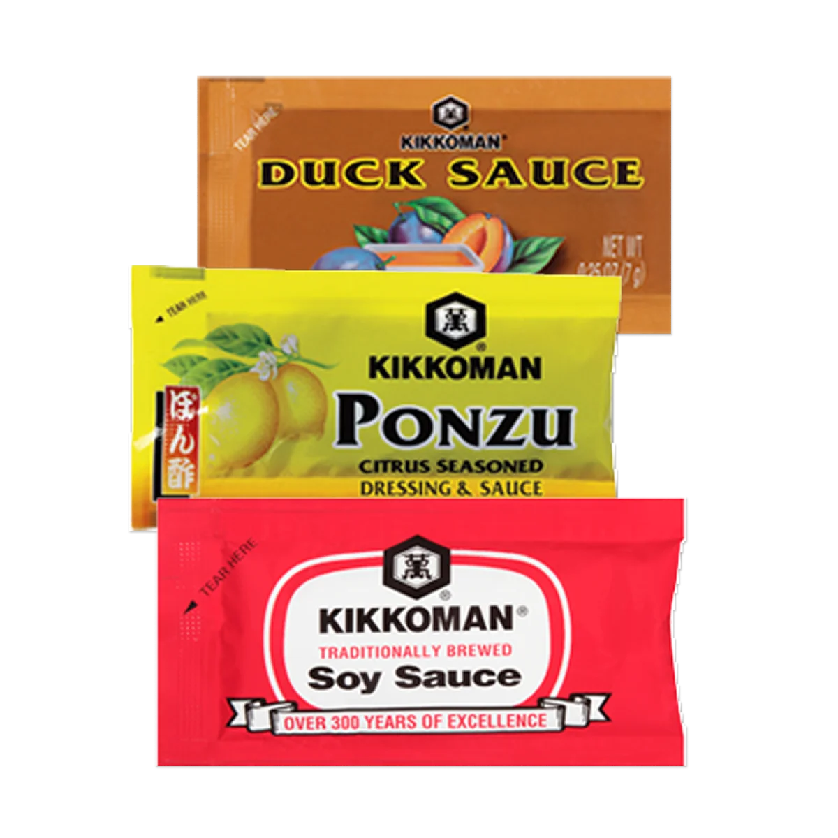 Three Kikkoman condiment packets: duck sauce (orange packet), ponzu citrus sauce (yellow packet), and traditionally brewed soy sauce (red packet).