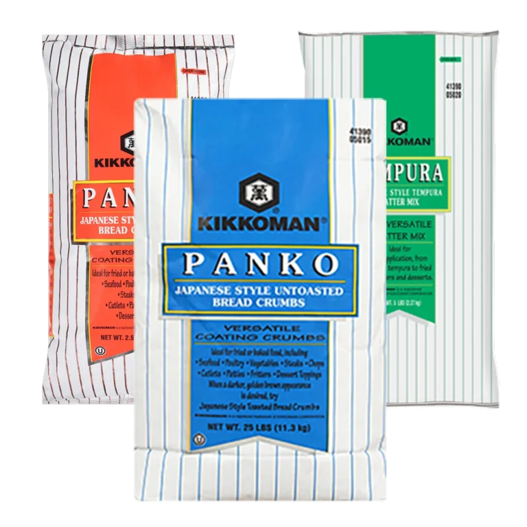 Three large Kikkoman bags: Japanese style unseasoned bread crumbs (Panko) in blue, seasoned bread crumbs in red, and tempura batter mix in green, each weighing 25 lbs.