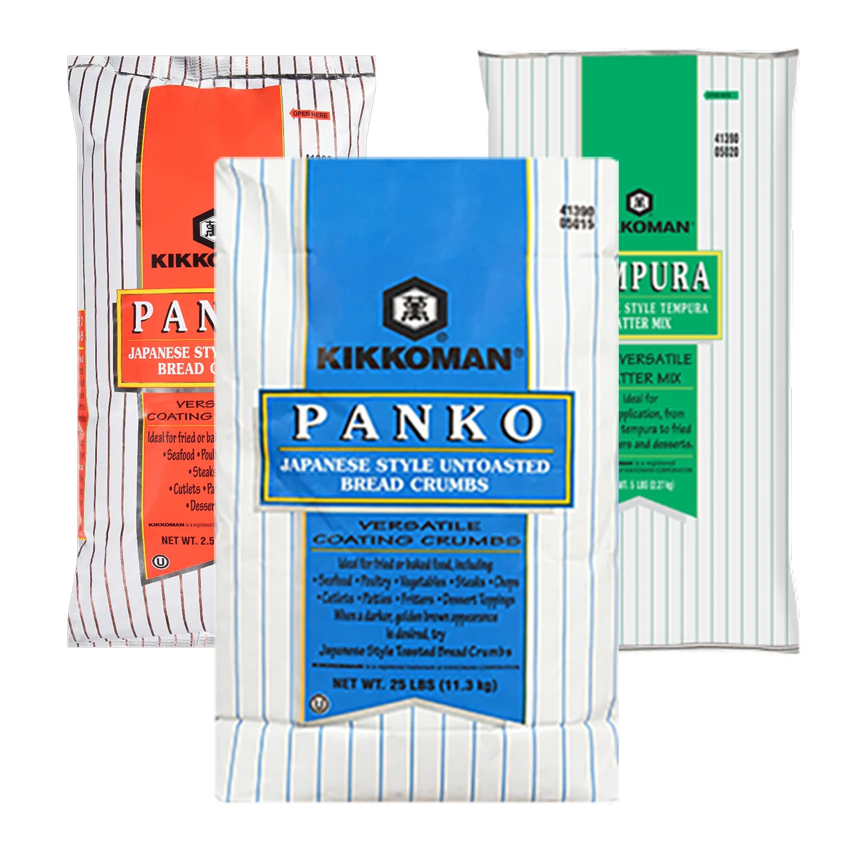Three large Kikkoman bags: Japanese style unseasoned bread crumbs (Panko) in blue, seasoned bread crumbs in red, and tempura batter mix in green, each weighing 25 lbs.