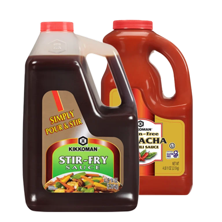 Two large plastic jugs of Kikkoman sauces: one labeled "Stir-Fry Sauce" in front, and the other "Sriracha Chili Sauce" partially visible in the background.