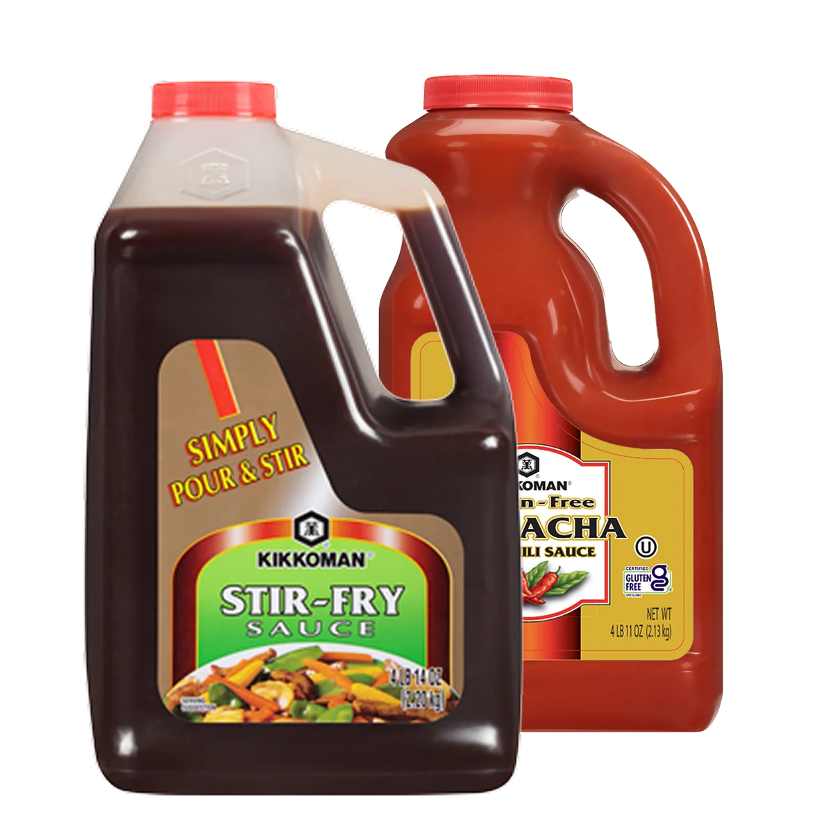 Two large plastic jugs of Kikkoman sauces: one labeled "Stir-Fry Sauce" in front, and the other "Sriracha Chili Sauce" partially visible in the background.