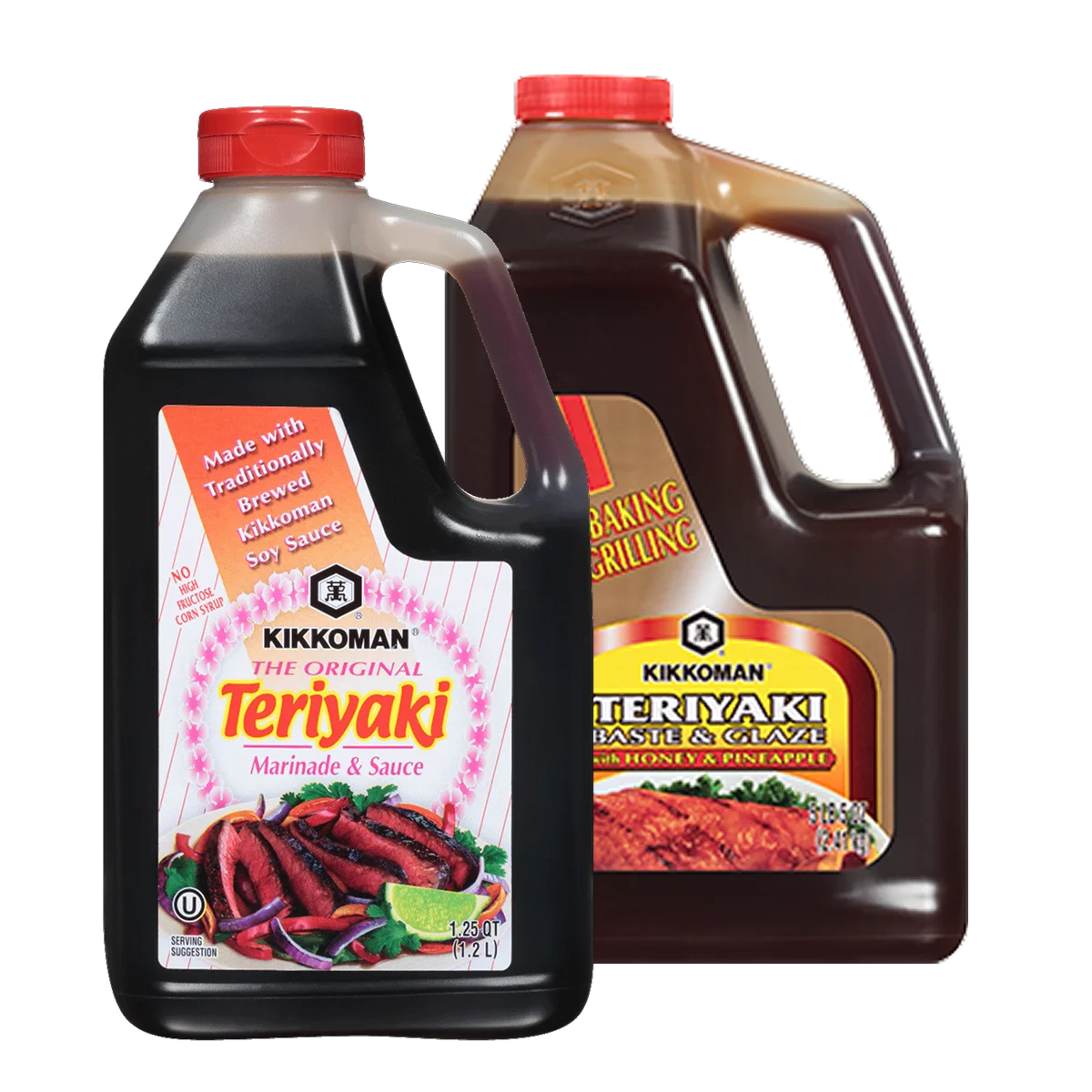 Two large plastic bottles of Kikkoman Teriyaki sauce, one labeled “The Original Teriyaki Marinade & Sauce” and the other “Teriyaki Baste & Glaze with Honey & Pineapple.”.