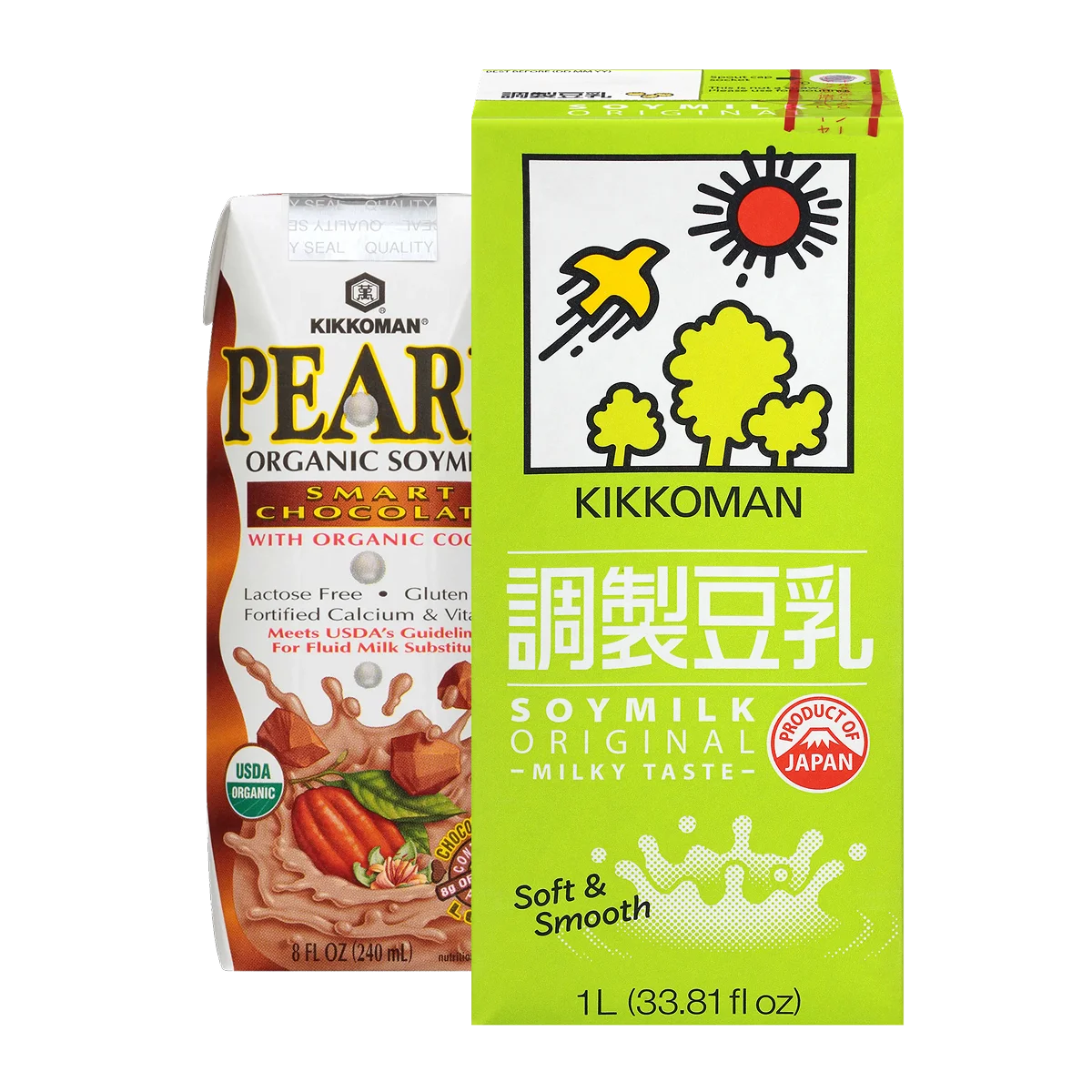 Two cartons of Kikkoman soy milk: one is Pearl Smart Chocolate flavor, the other is Original Milky Taste, 1 liter, with green and white packaging.