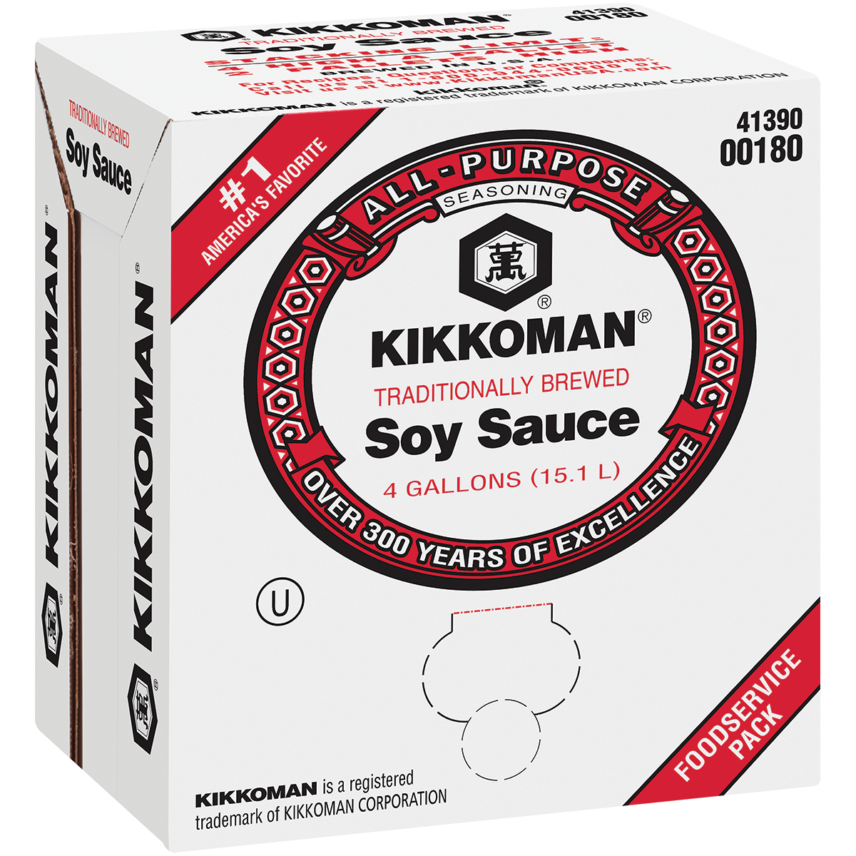 A box of Kikkoman traditionally brewed soy sauce, labeled as all-purpose seasoning, containing 4 gallons (15.1 L), marked as a foodservice pack.