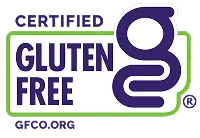 Certified Gluten Free logo featuring the letters "g" and "f" in purple, with "Certified Gluten Free" text and the website gfco.org.