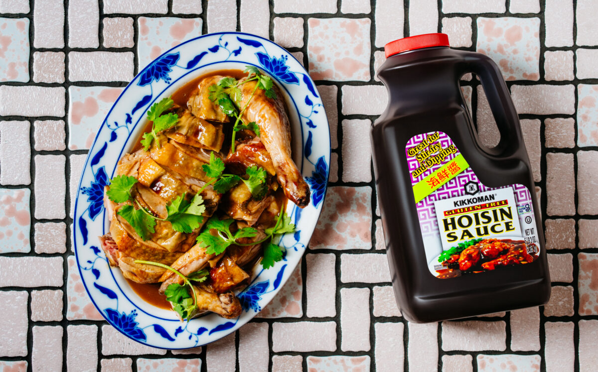 Roast chicken glazed with Kikkoman® Gluten-Free Hoisin Sauce and served with rich hoisin jus, created by Chef Calvin Eng of Bonnie’s, Brooklyn.