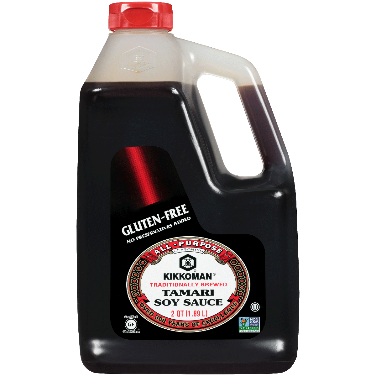 A 2-quart plastic bottle of Kikkoman All-Purpose Tamari Soy Sauce with a red cap, labeled gluten-free.