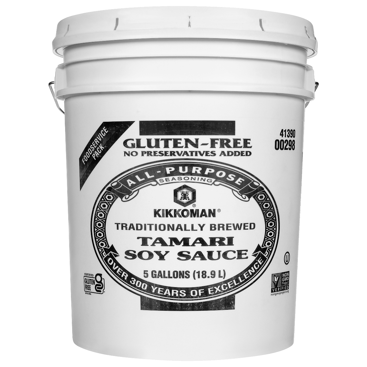 A white 5-gallon bucket of Kikkoman Tamari Soy Sauce with gluten-free and preservative-free labels on the front.